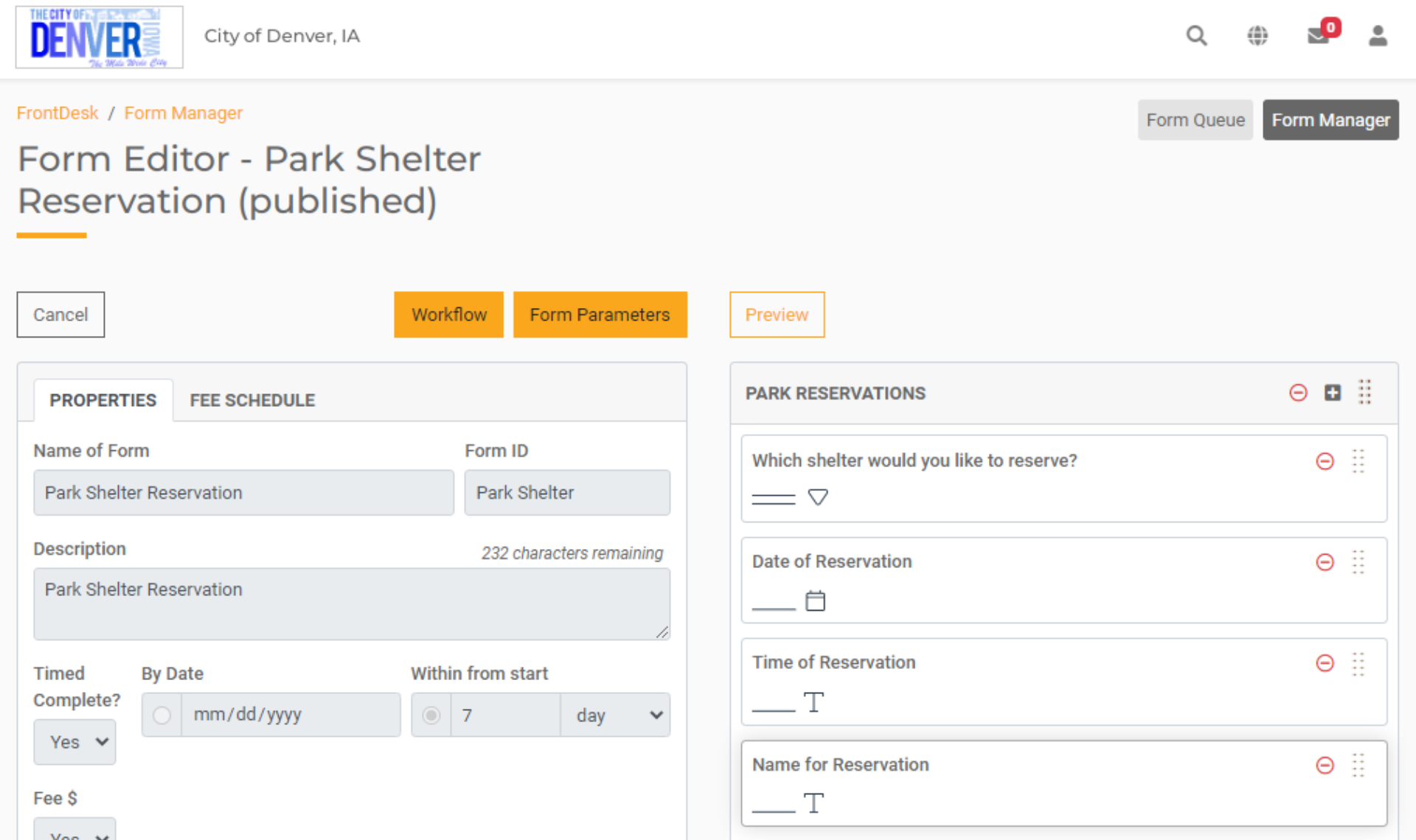 FrontDesk Form Denver IA - Park Shelter Reservation