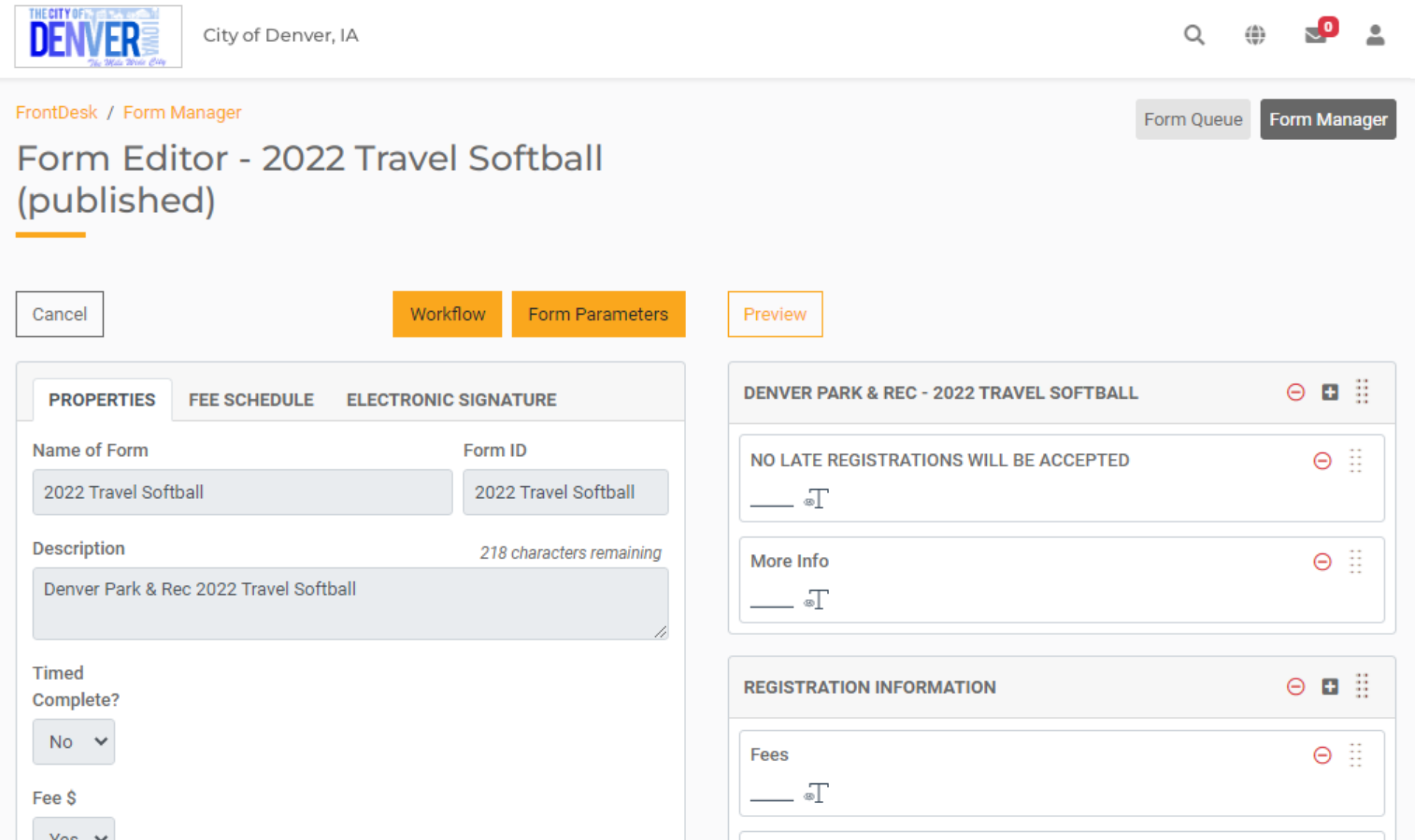 FrontDesk Form Denver IA - Travel Softball