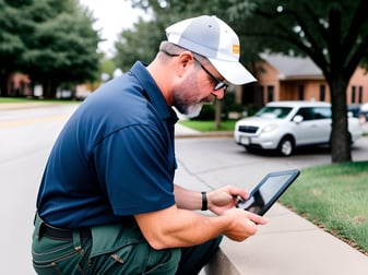 Main using tablet to record information on street